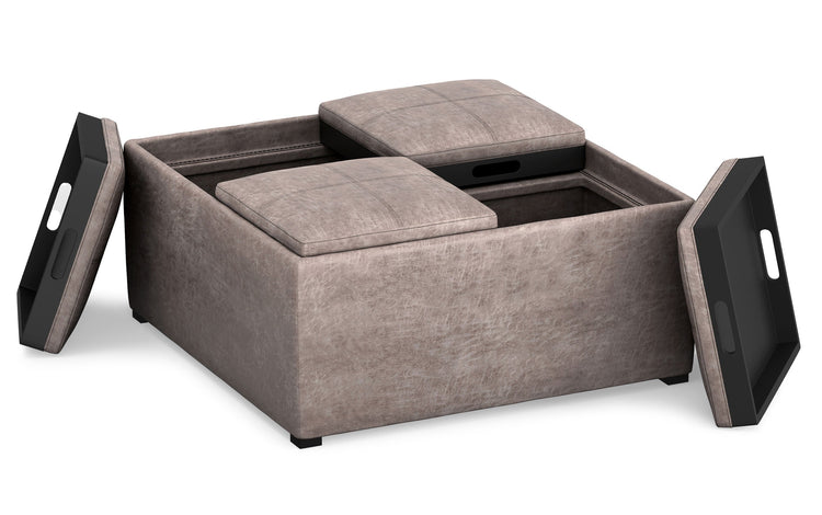Distressed Grey Taupe Distressed Vegan Leather | Avalon Vegan Leather Square Coffee Table Storage Ottoman