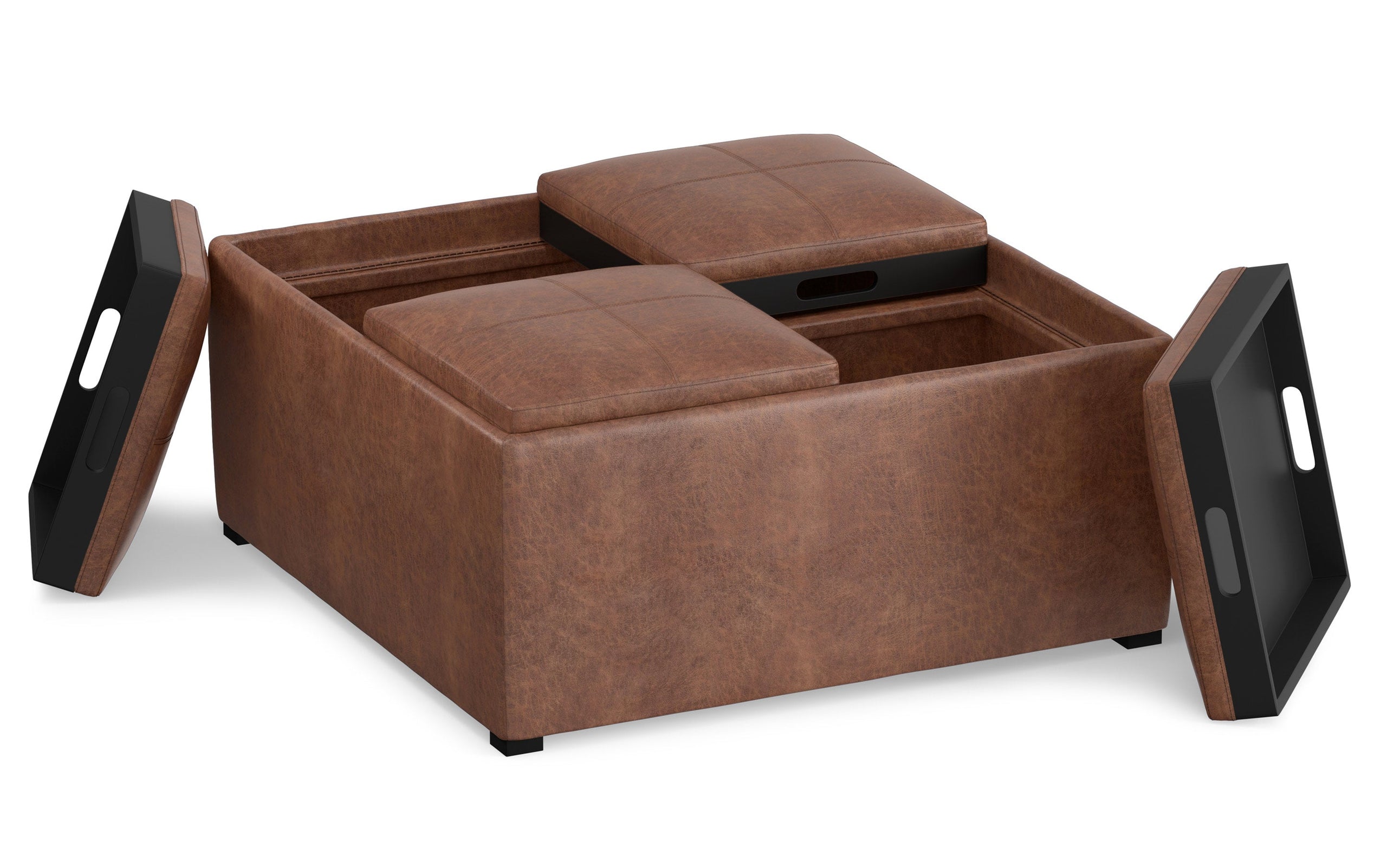 Distressed Umber Brown Distressed Vegan Leather | Avalon Vegan Leather Square Coffee Table Storage Ottoman