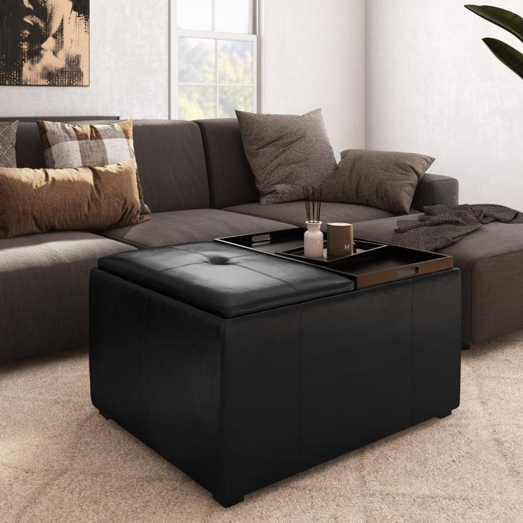 Midnight Black Vegan Leather | Avalon Small Coffee Table Storage Ottoman