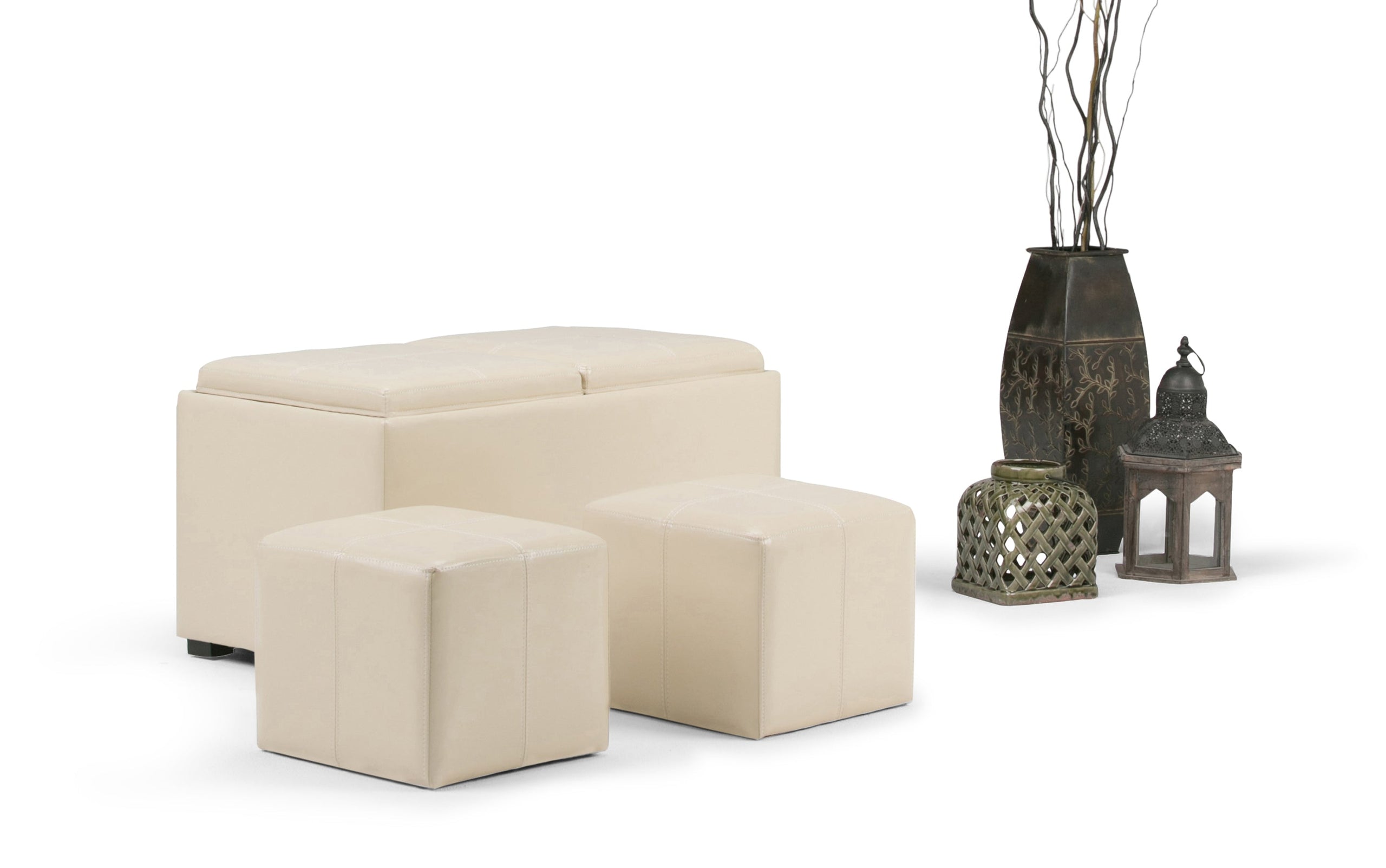 Satin Cream Vegan Leather | Avalon Vegan Leather 5 piece Storage Ottoman