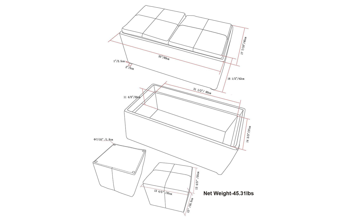 Distressed Black Distressed Vegan Leather | 5 Pc Storage Ottoman in Distressed Vegan Leather