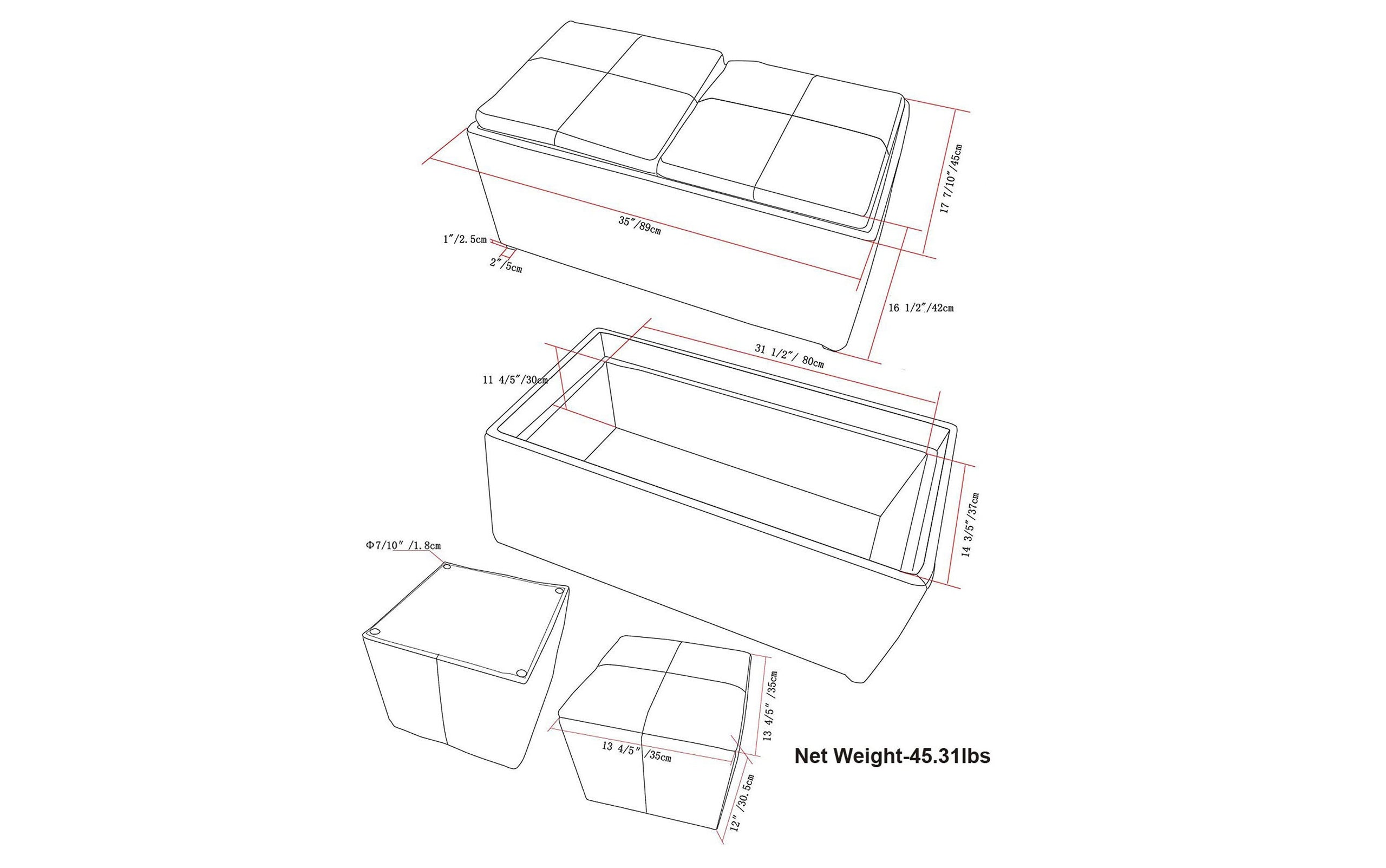 Distressed Black Distressed Vegan Leather | 5 Pc Storage Ottoman in Distressed Vegan Leather