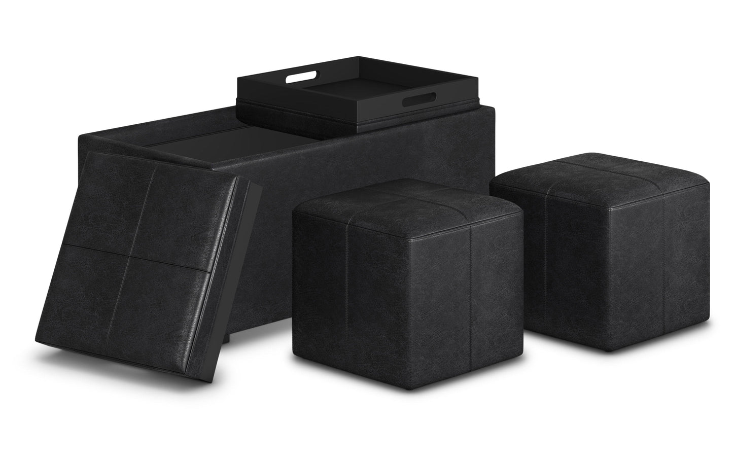 Distressed Black Distressed Vegan Leather | 5 Pc Storage Ottoman in Distressed Vegan Leather