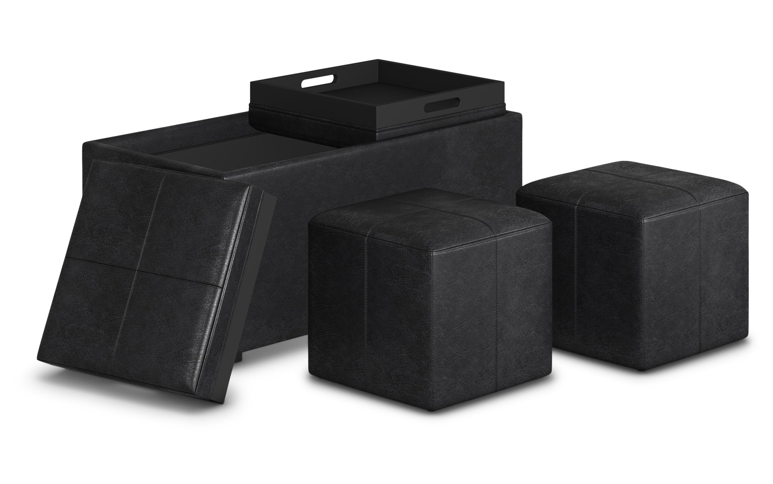 Distressed Black Distressed Vegan Leather | 5 Pc Storage Ottoman in Distressed Vegan Leather