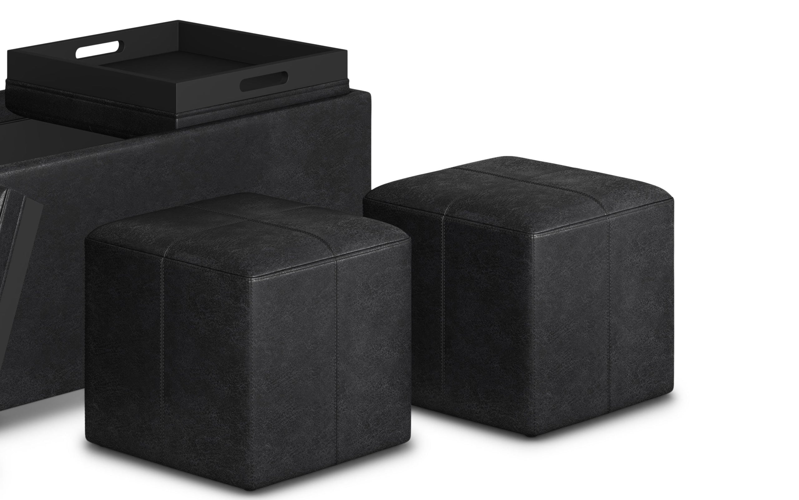 Distressed Black Distressed Vegan Leather | 5 Pc Storage Ottoman in Distressed Vegan Leather