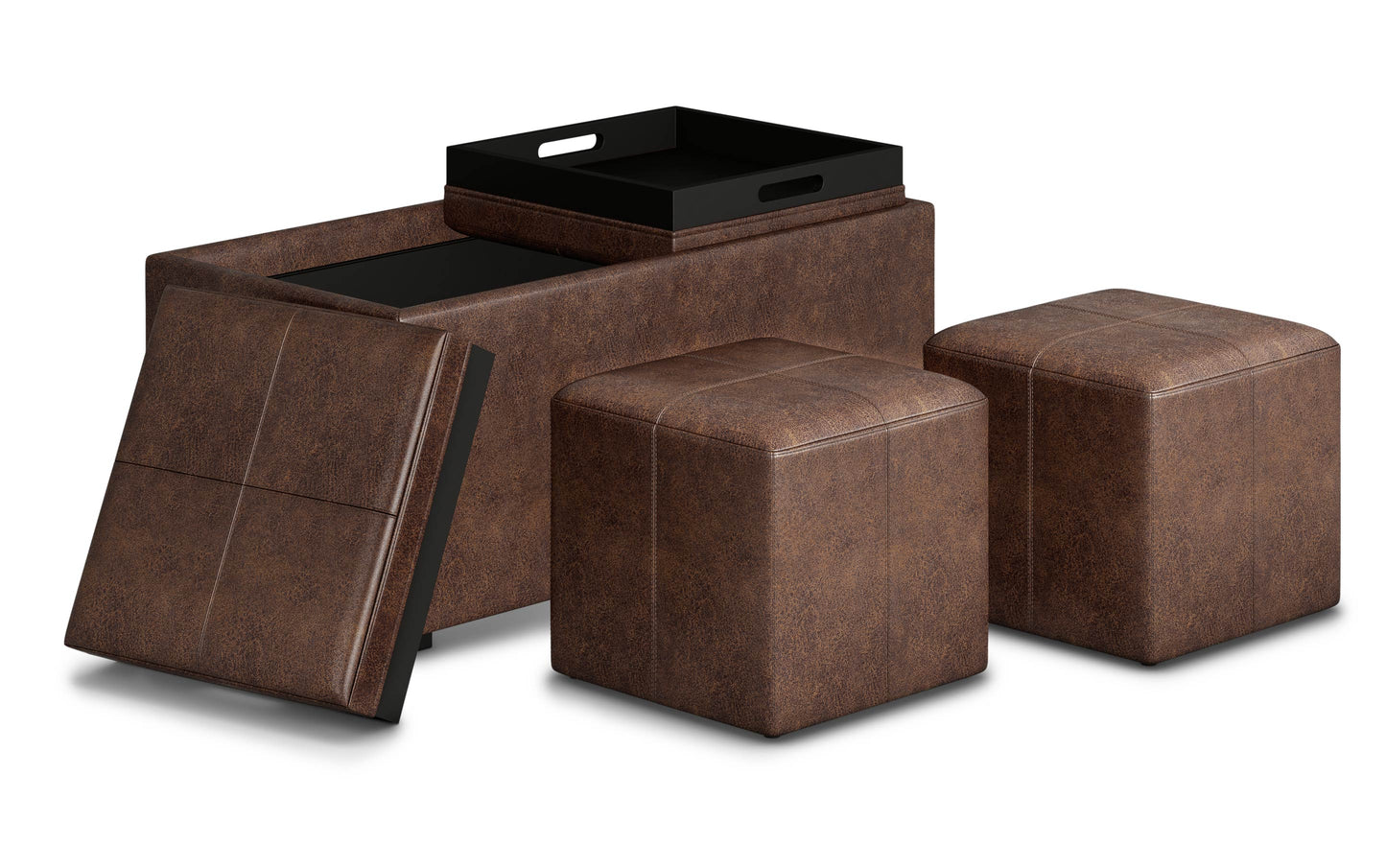 Distressed Chestnut Brown Distressed Vegan Leather | 5 Pc Storage Ottoman in Distressed Vegan Leather