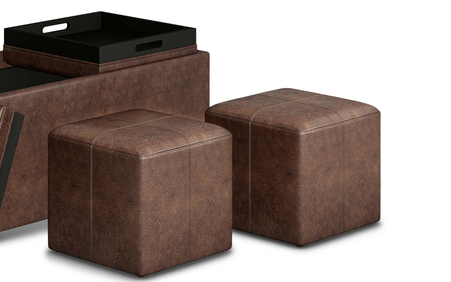 Distressed Chestnut Brown Distressed Vegan Leather | 5 Pc Storage Ottoman in Distressed Vegan Leather