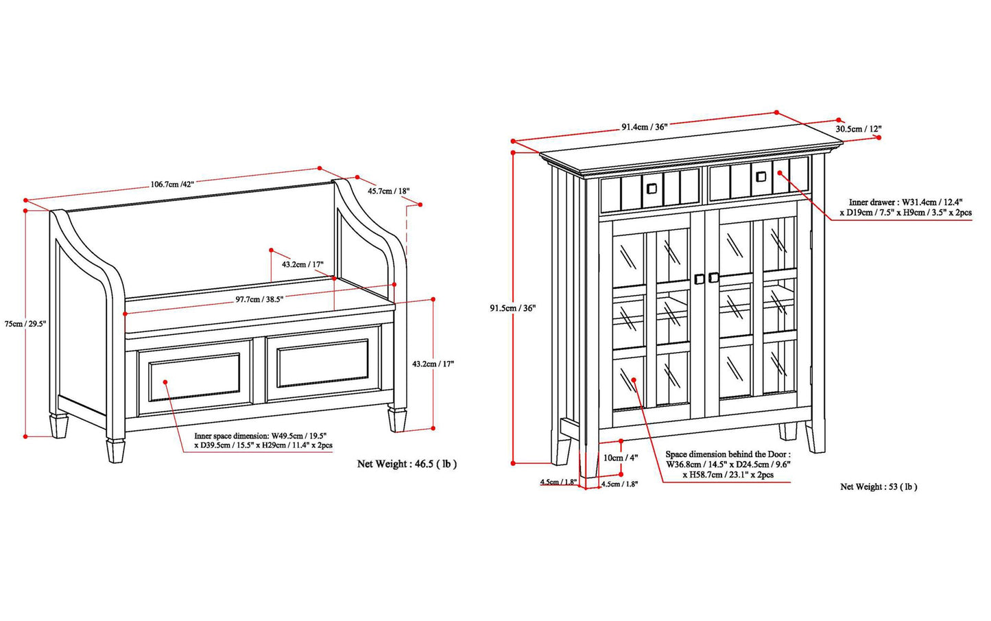 Dark Chestnut Brown | Connaught 42-inch Storage Bench and 40-inch Cabinet