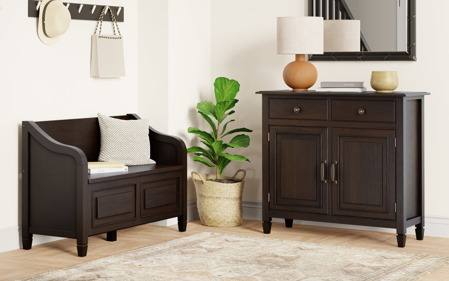 Dark Chestnut Brown | Connaught 42-inch Storage Bench and 40-inch Cabinet