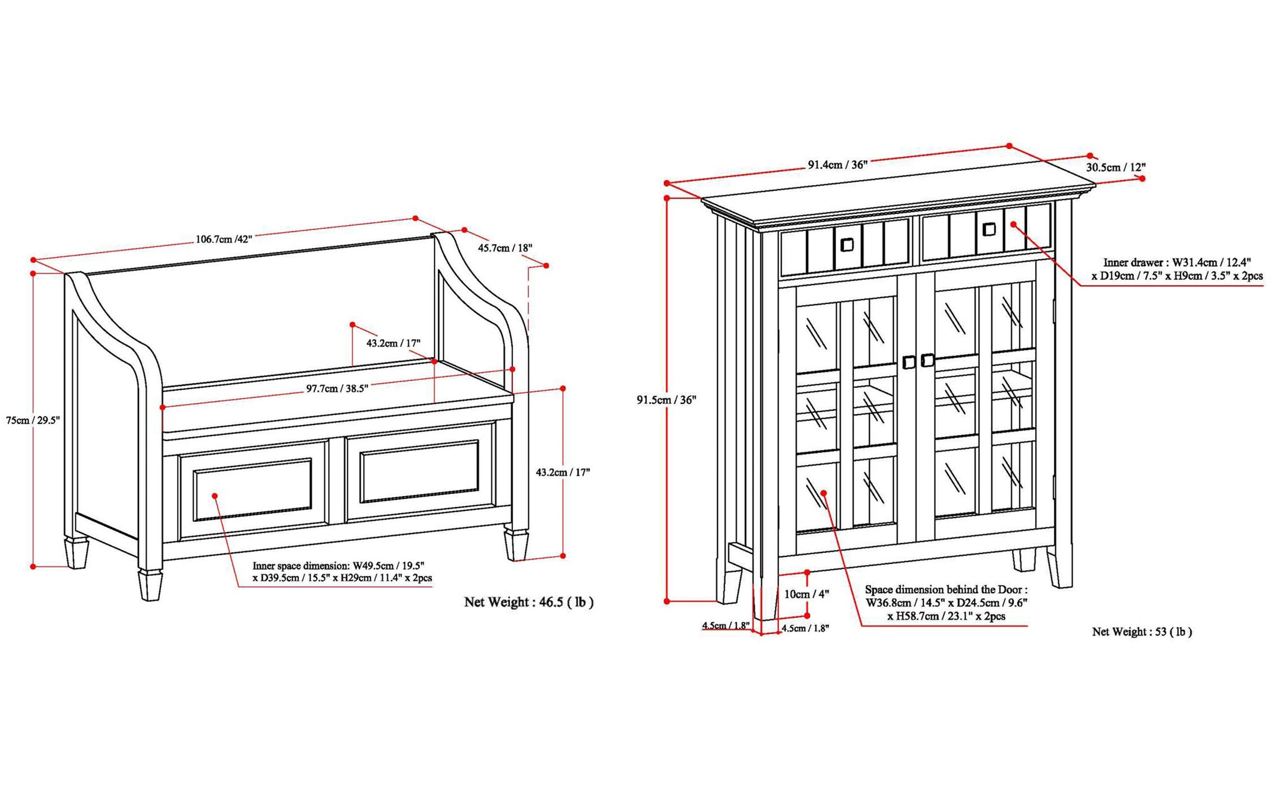Rustic Natural Aged Brown | Connaught 42-inch Storage Bench and 40-inch Cabinet