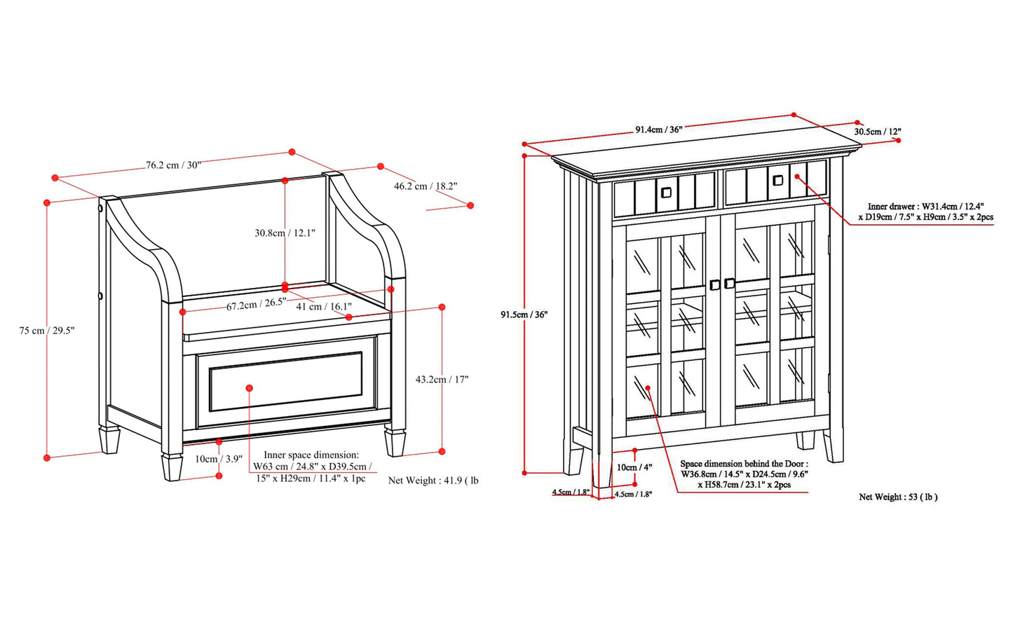 Chestnut Brown | Connaught 30-inch Storage Bench and 40-inch Cabinet