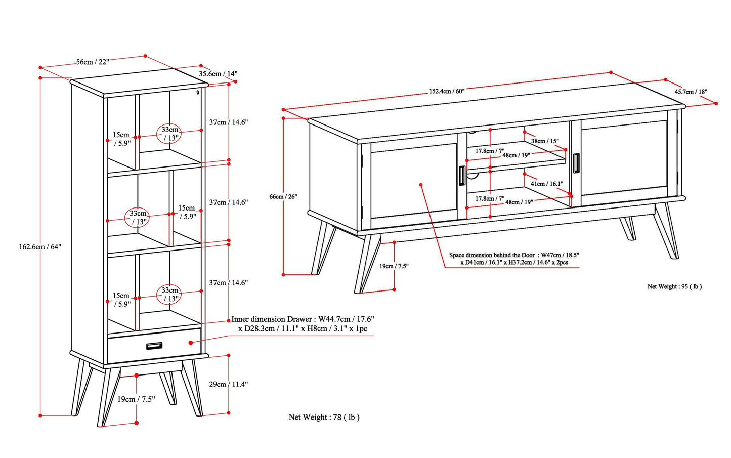 Medium Auburn Brown | Draper 60W TV Stand with Set of Two 22W Cubbie Bookcases w/ Drawer