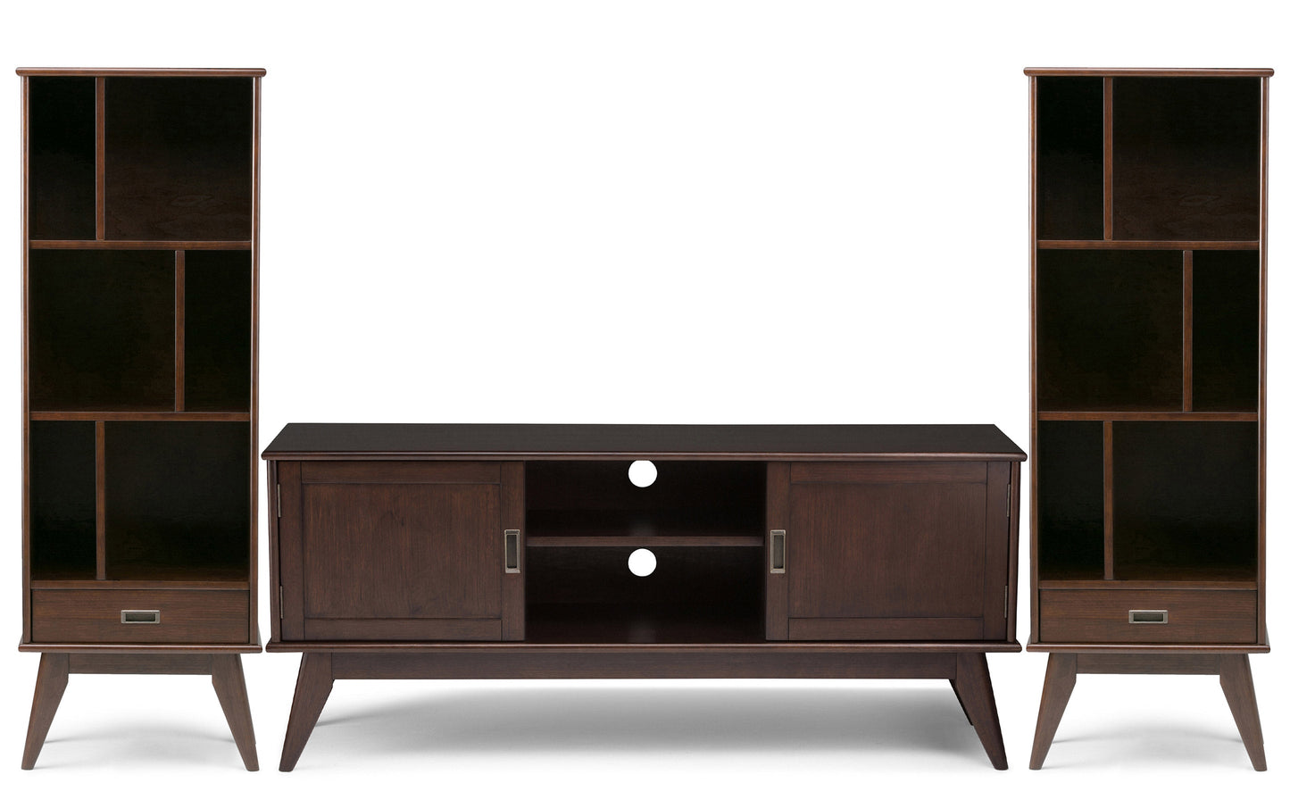 Medium Auburn Brown | Draper 60W TV Stand with Set of Two 22W Cubbie Bookcases w/ Drawer