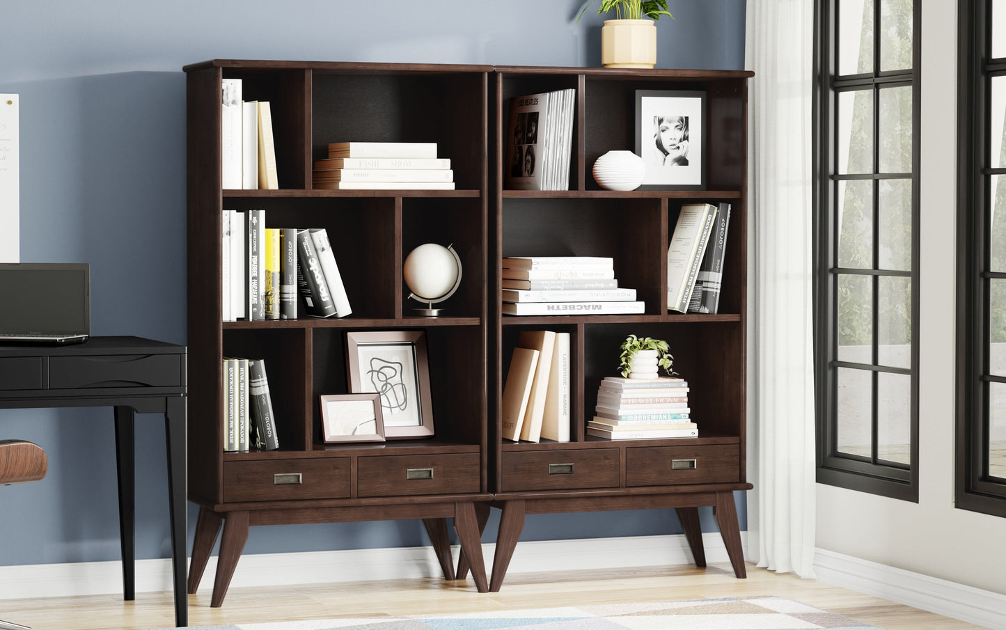 Medium Auburn Brown | Draper 35W 6 Cubbie Bookcase with Drawer (Set of 2)