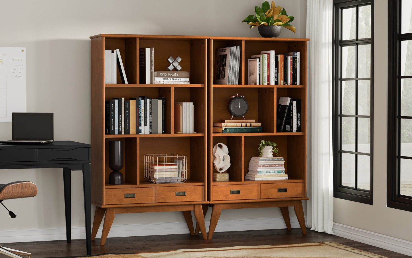 Teak Brown | Draper 35W 6 Cubbie Bookcase with Drawer (Set of 2)