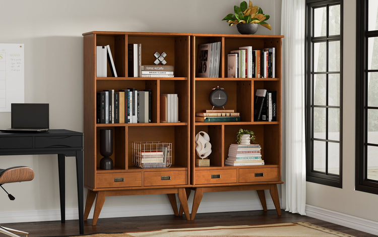 Teak Brown | Draper 35W 6 Cubbie Bookcase with Drawer (Set of 2)