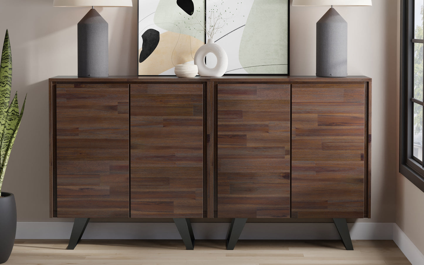 Distressed Charcoal Brown Acacia | Lowry 39W Tall Storage Cabinet with Doors Set of 2