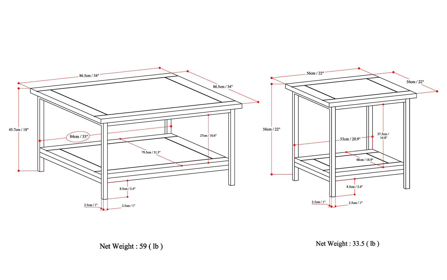 Dark Cognac Brown | Skyler 34 inch Coffee Table with 22 inch End Tables (Set of 3)