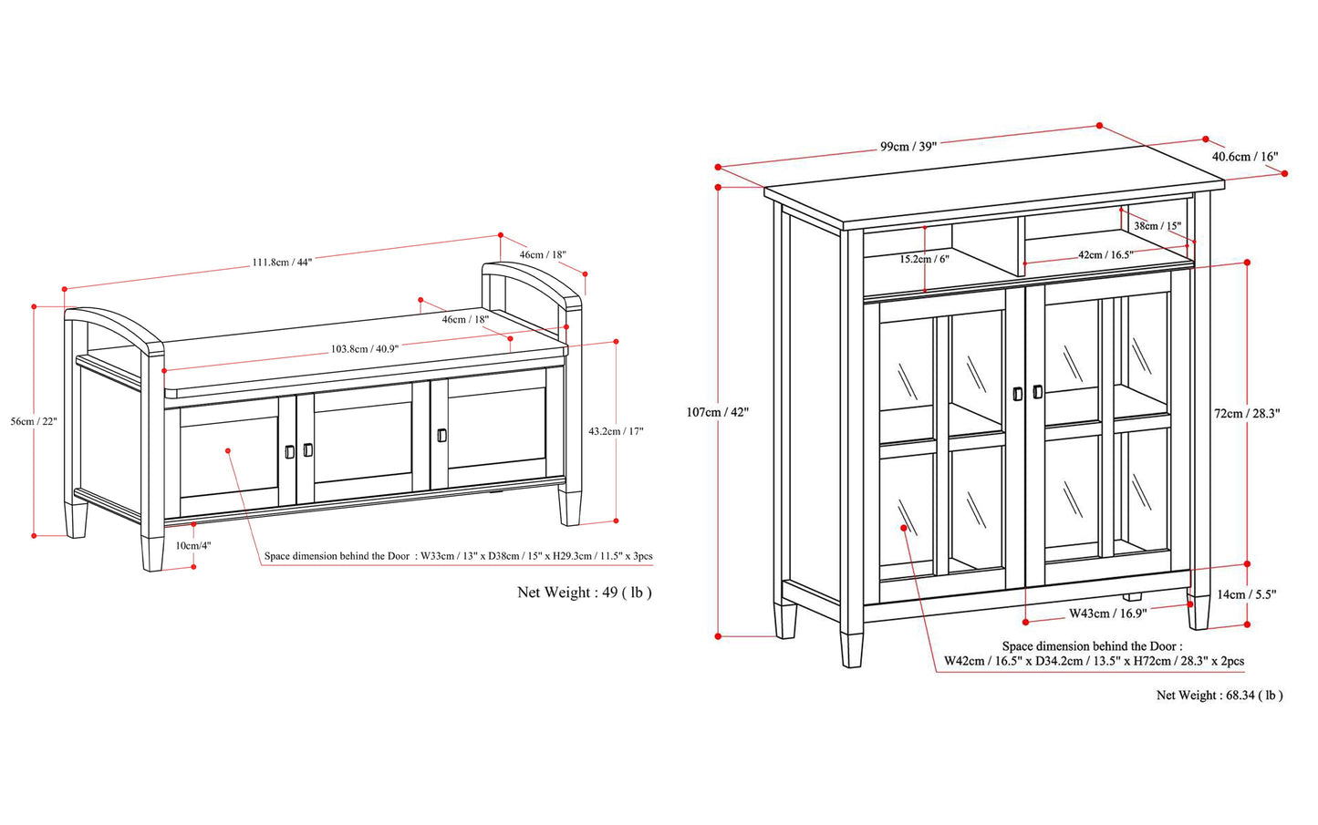 Light Golden Brown | Warm Shaker 44-inch Storage Bench and 39-inch Cabinet