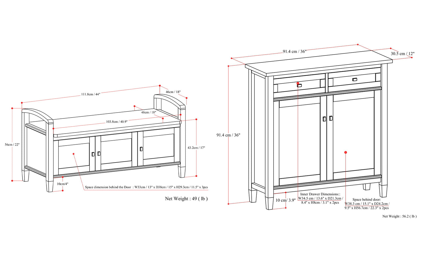 Light Golden Brown | Warm Shaker 44-inch Storage Bench and 36-inch Cabinet