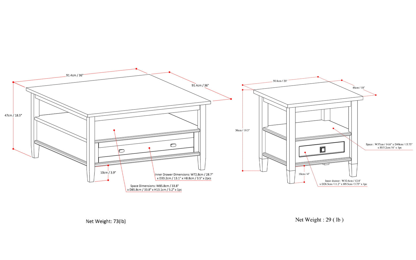 Tobacco Brown | Warm Shaker 36 inch Coffee Table with 20 inch End Tables (Set of 3)