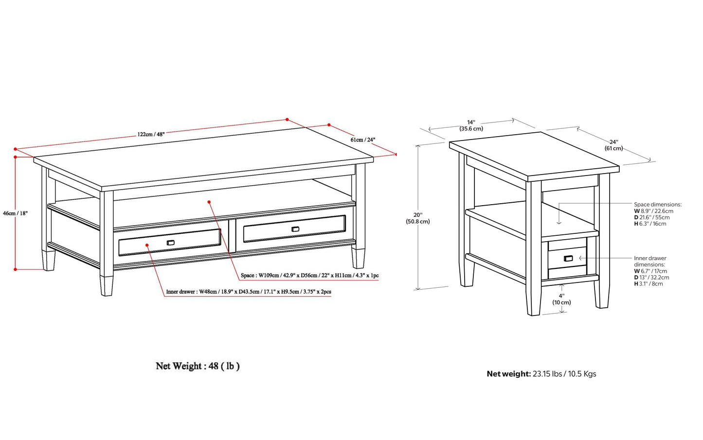 Black | Warm Shaker 48 inch Coffee Table with 14 inch End Tables (Set of 3)