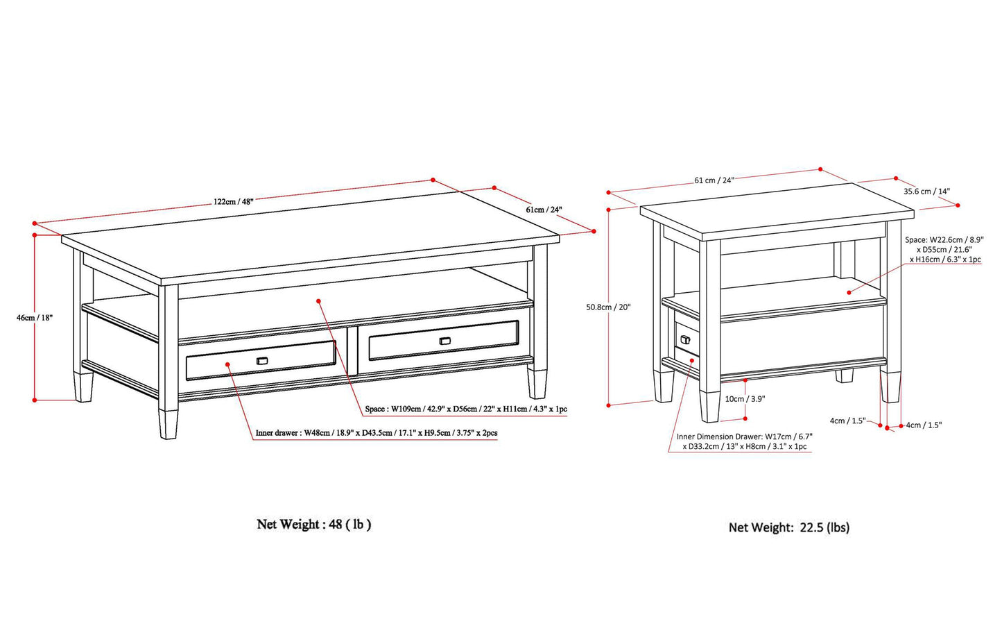 Distressed Grey | Warm Shaker 48 inch Coffee Table with 14 inch End Tables (Set of 3)