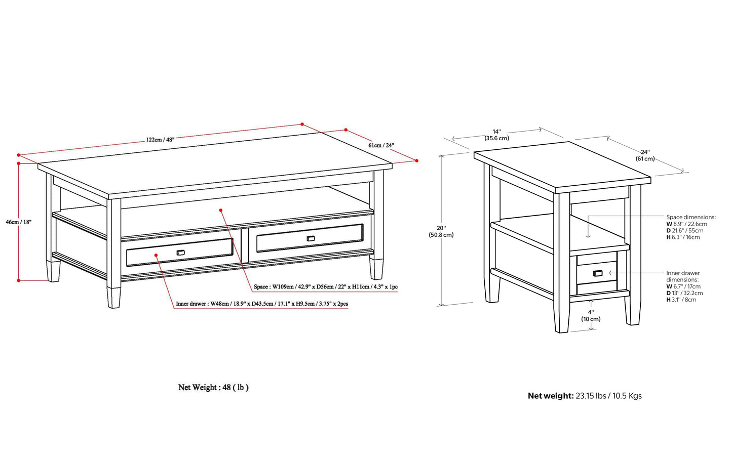 Tobacco Brown | Warm Shaker 48 inch Coffee Table with 14 inch End Tables (Set of 3)