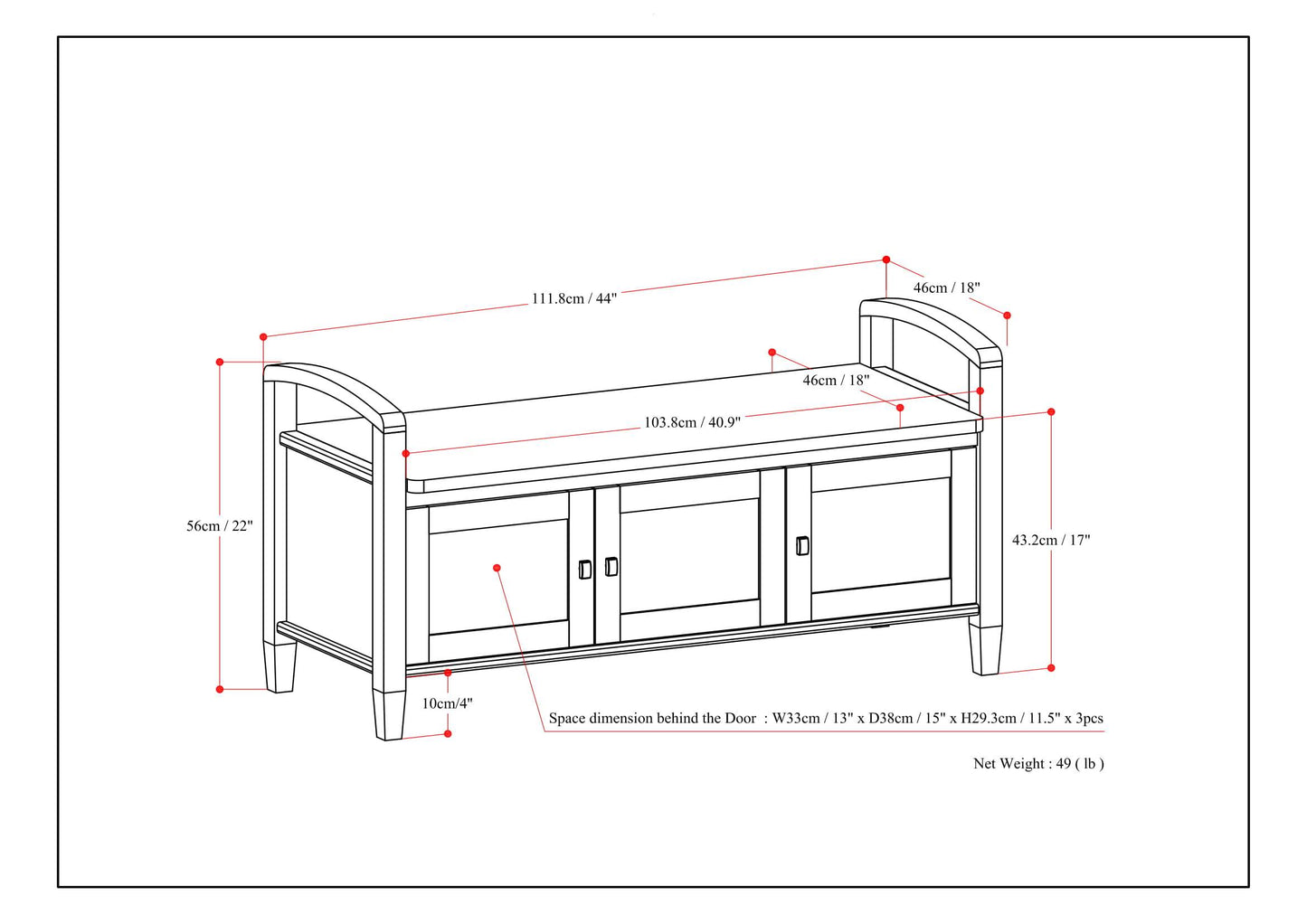 Tobacco Brown | Warm Shaker 44 inch Entryway Bench