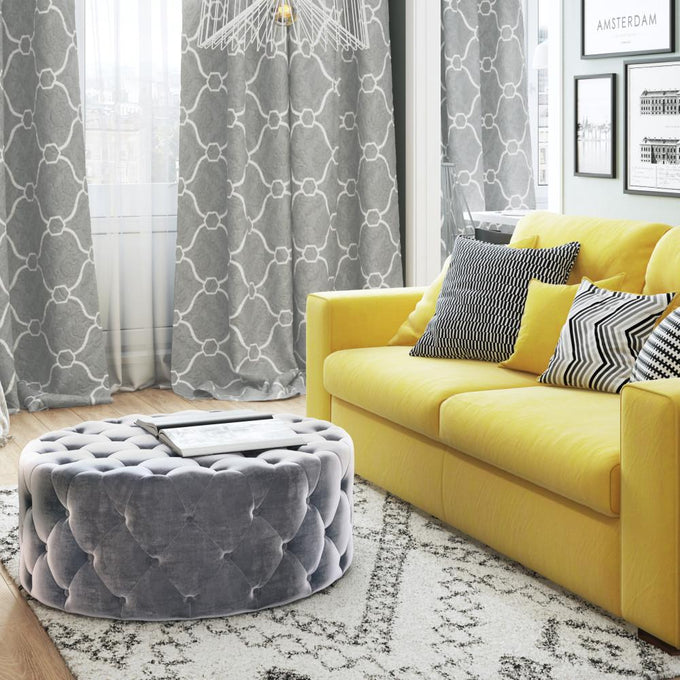 Grey Velvet Fabric | Bergen Round Tufted Ottoman