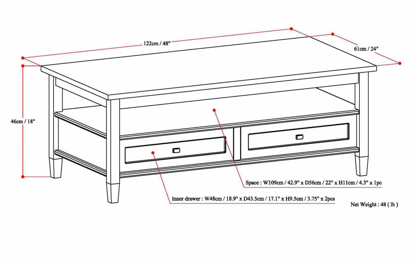 Rustic Natural Aged Brown | Warm Shaker 48 inch Coffee Table