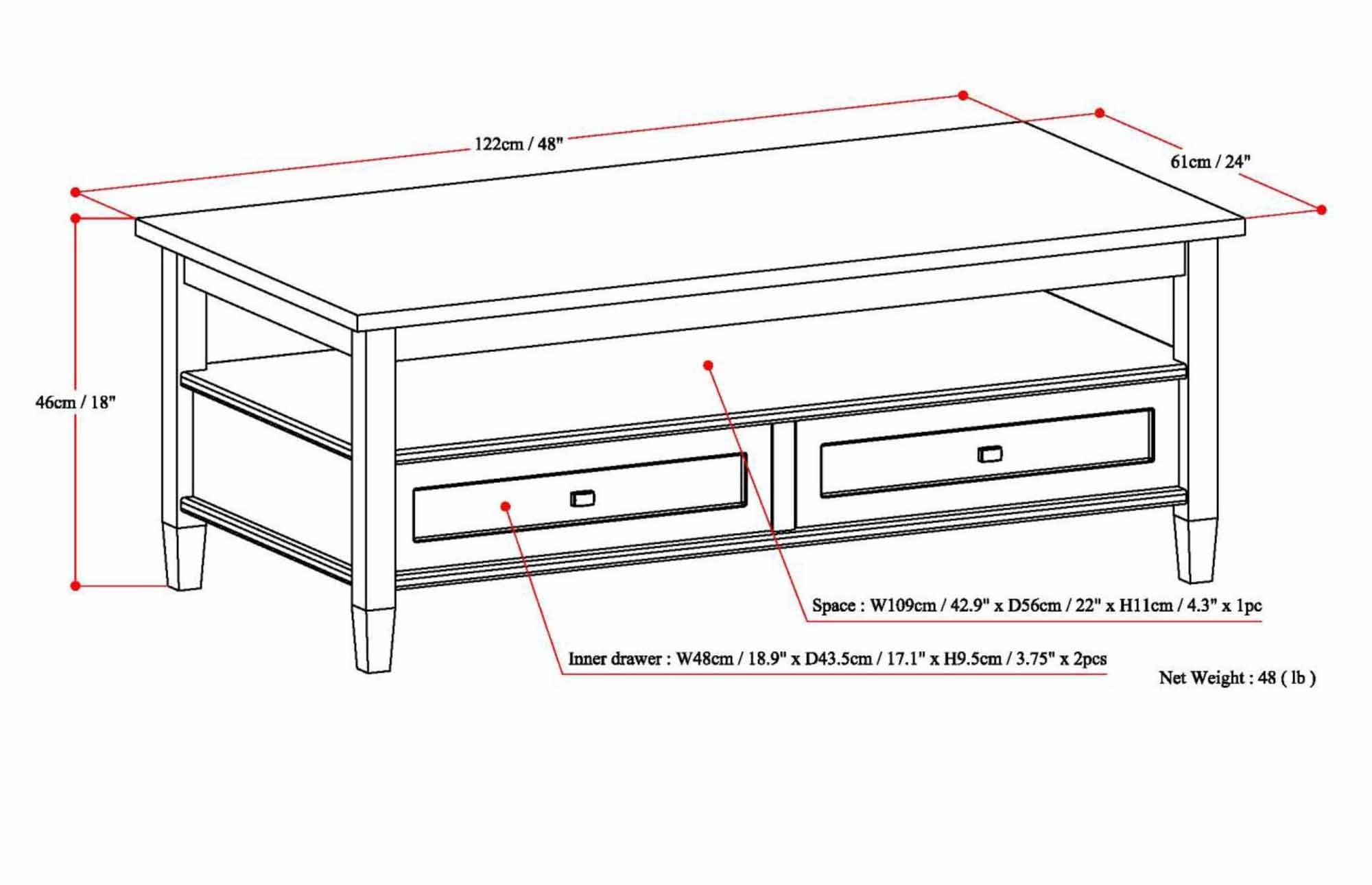 Rustic Natural Aged Brown | Warm Shaker 48 inch Coffee Table
