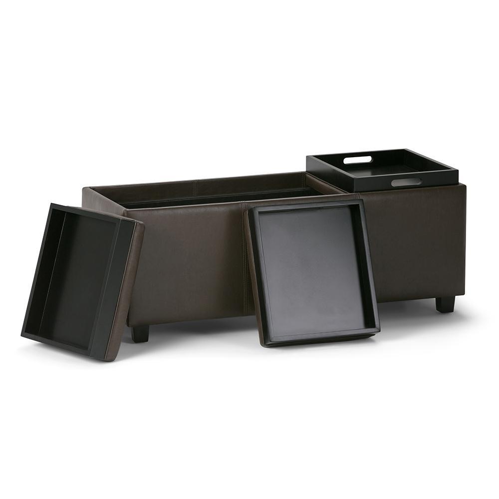 Chocolate Brown Vegan Leather | Avalon Linen Look Storage Ottoman with Three Trays