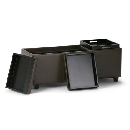 Chocolate Brown Vegan Leather | Avalon Linen Look Storage Ottoman with Three Trays