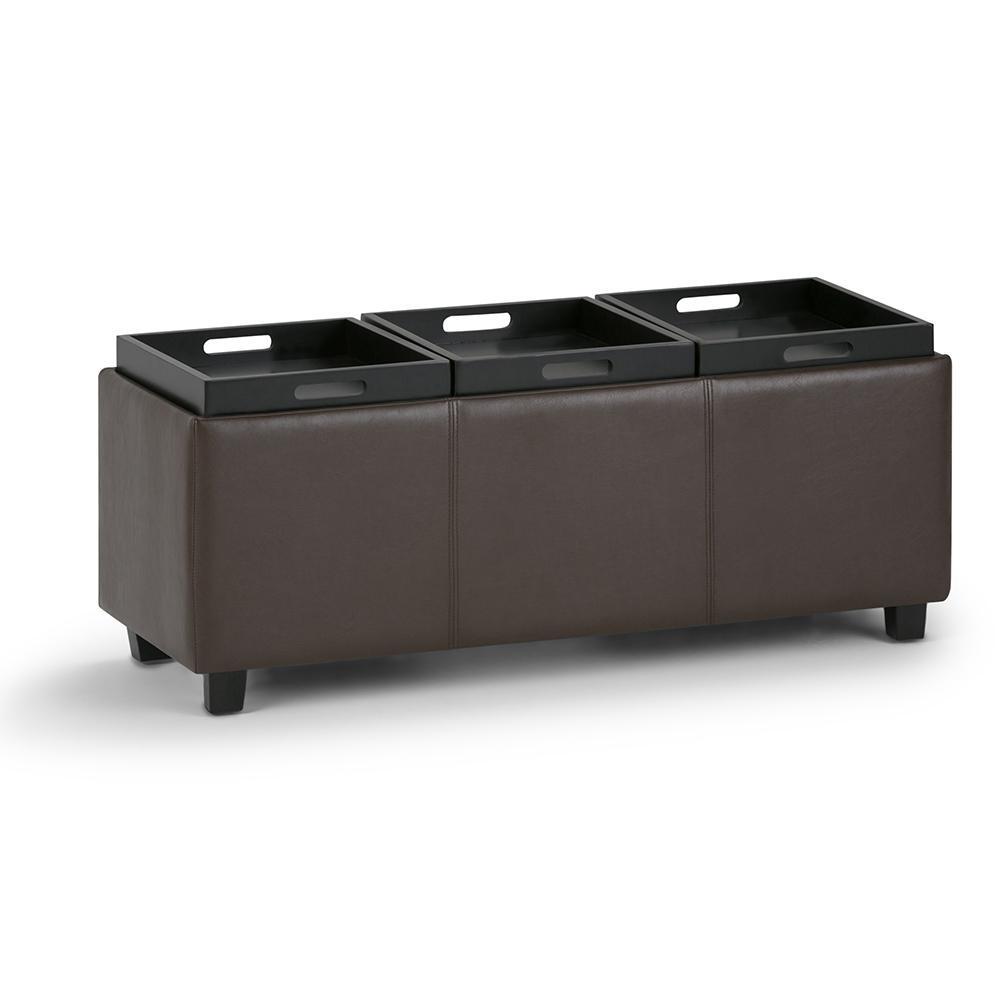 Chocolate Brown Vegan Leather | Avalon Linen Look Storage Ottoman with Three Trays