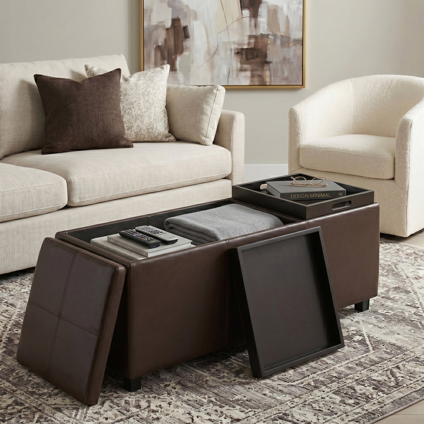 Chocolate Brown Vegan Leather | Avalon 3 Trays Ottoman in Vegan Leather