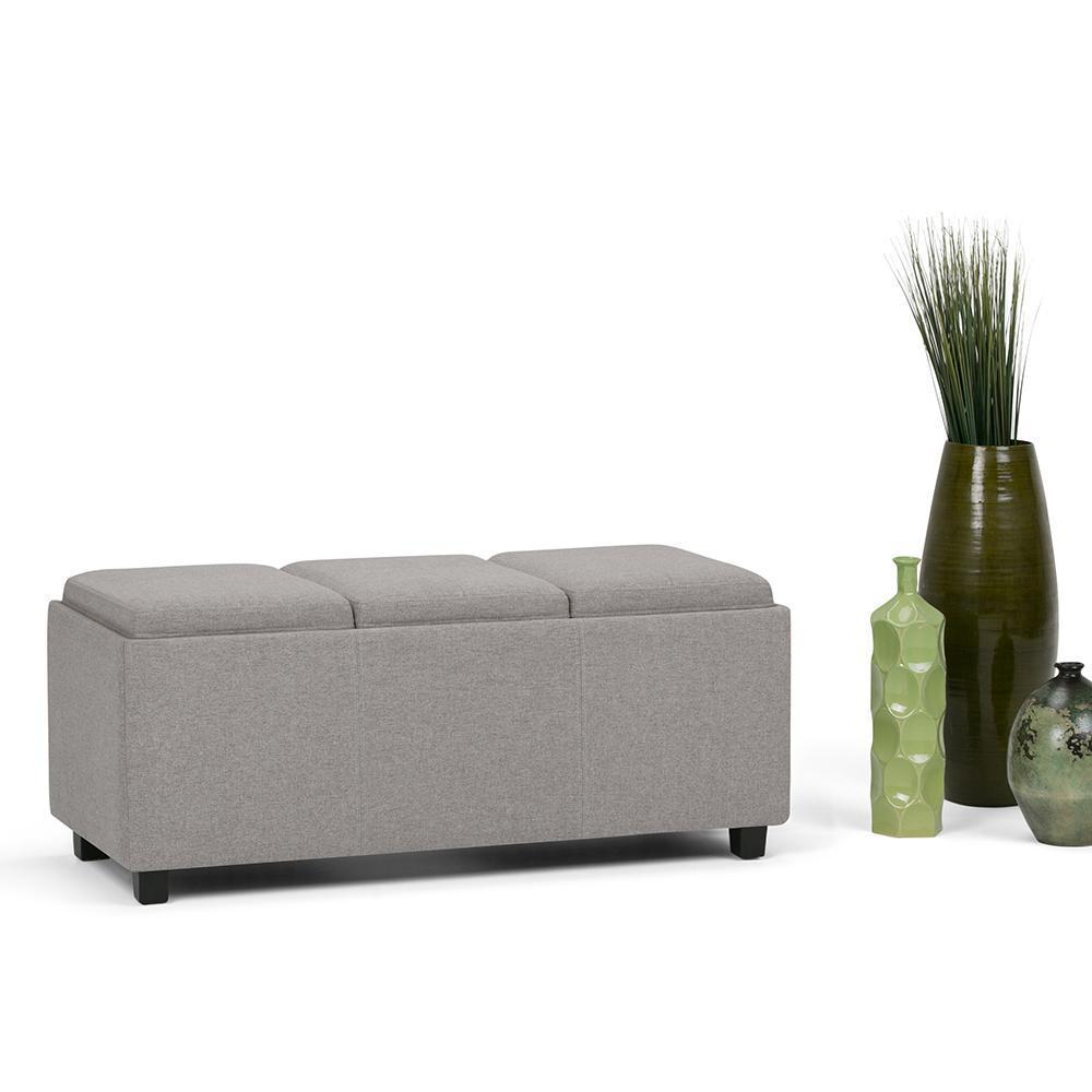 Cloud Grey Linen Style Fabric | Avalon Linen Look Storage Ottoman with Three Trays