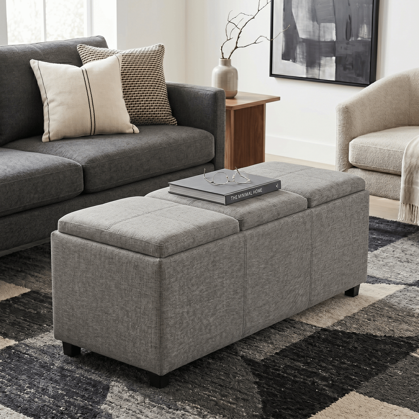 Cloud Grey Linen Style Fabric | Avalon 3 Trays Ottoman in Linen