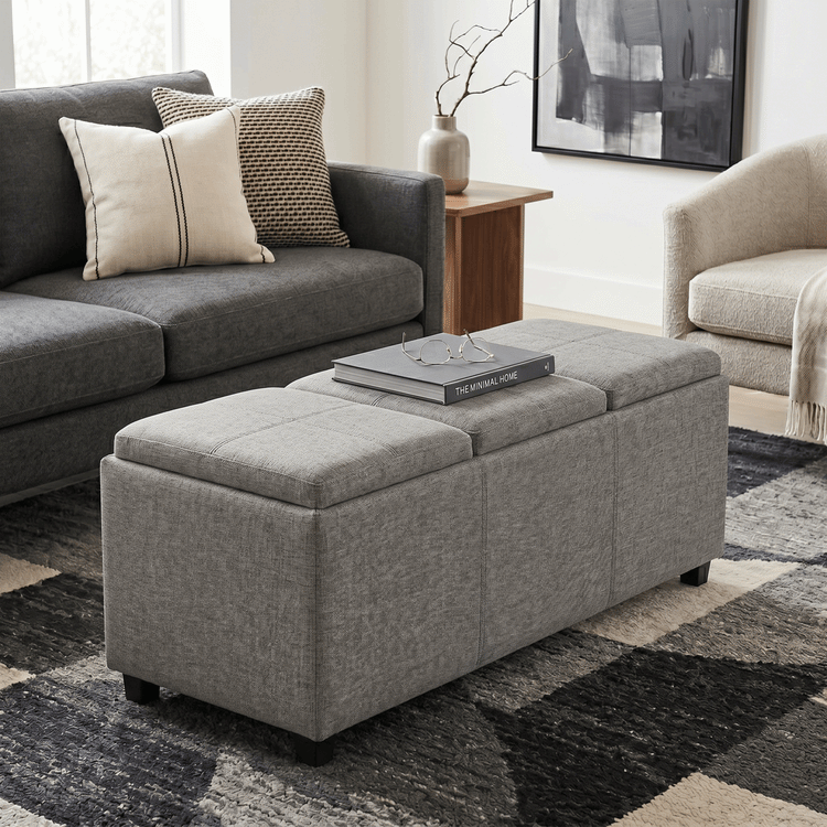 Cloud Grey Linen Style Fabric | Avalon 3 Trays Ottoman in Linen