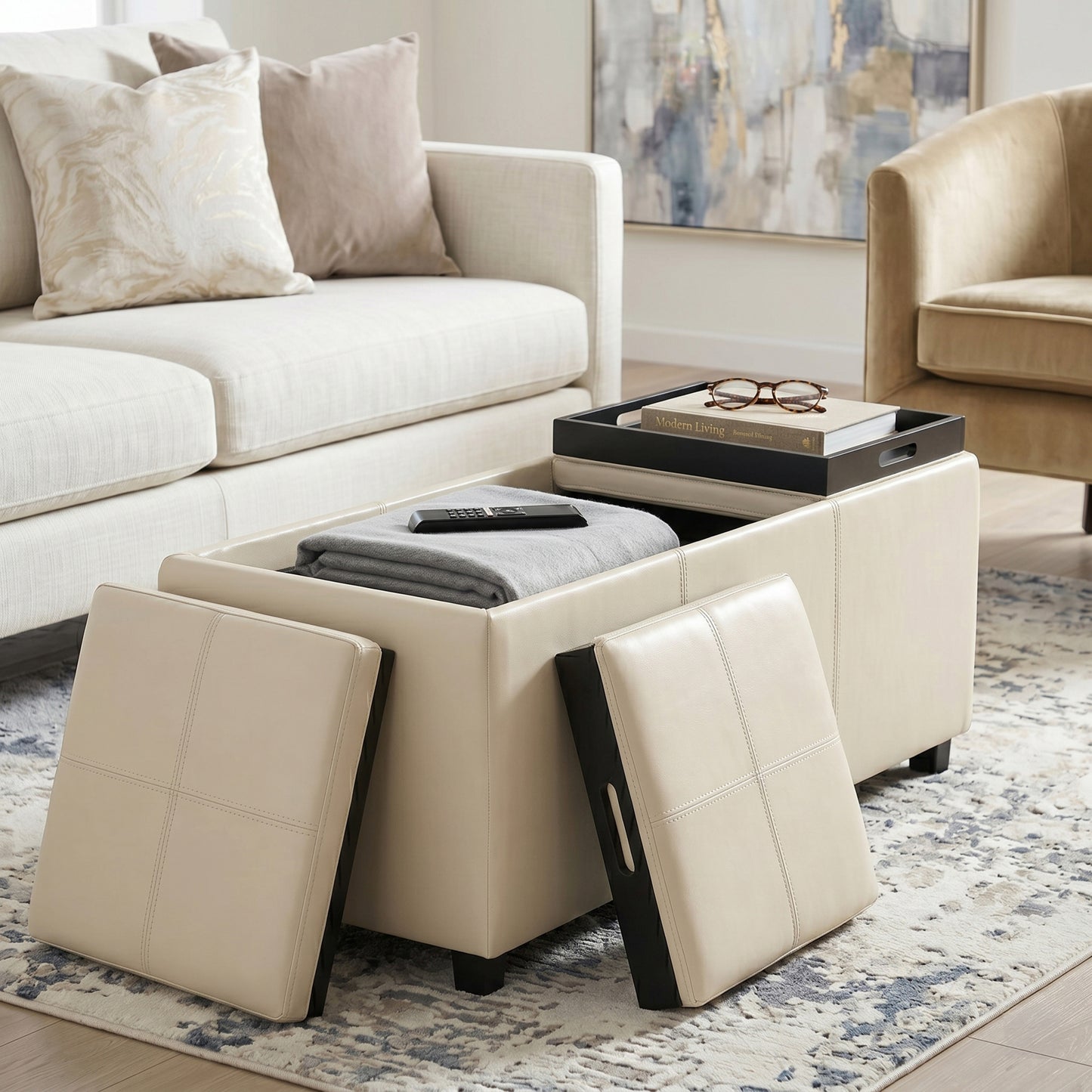 Satin Cream Vegan Leather | Avalon 3 Trays Ottoman in Vegan Leather