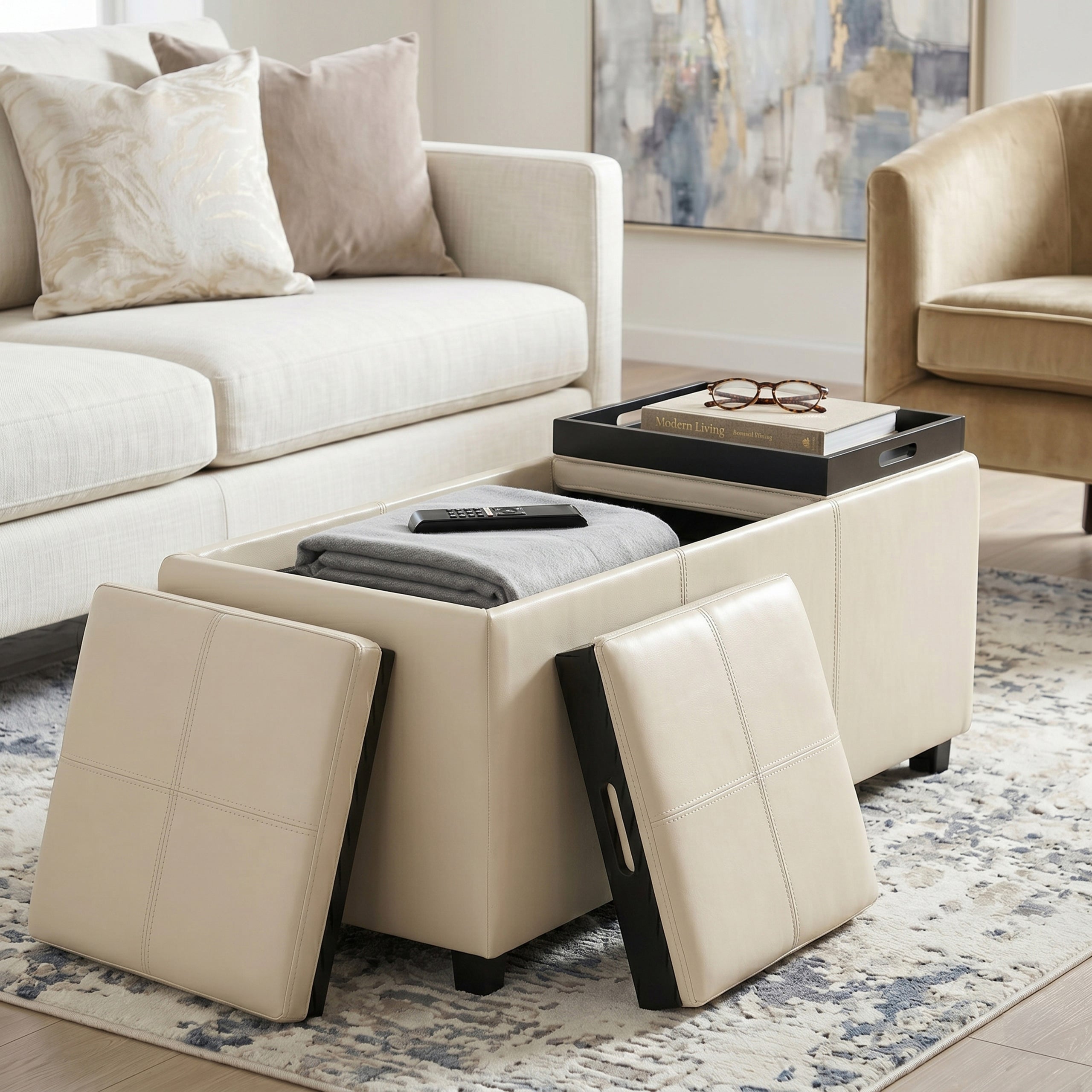 Satin Cream Vegan Leather | Avalon 3 Trays Ottoman in Vegan Leather