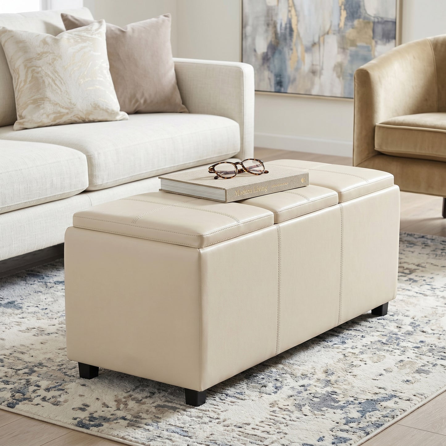Satin Cream Vegan Leather | Avalon 3 Trays Ottoman in Vegan Leather