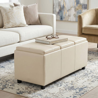 Satin Cream Vegan Leather | Avalon 3 Trays Ottoman in Vegan Leather