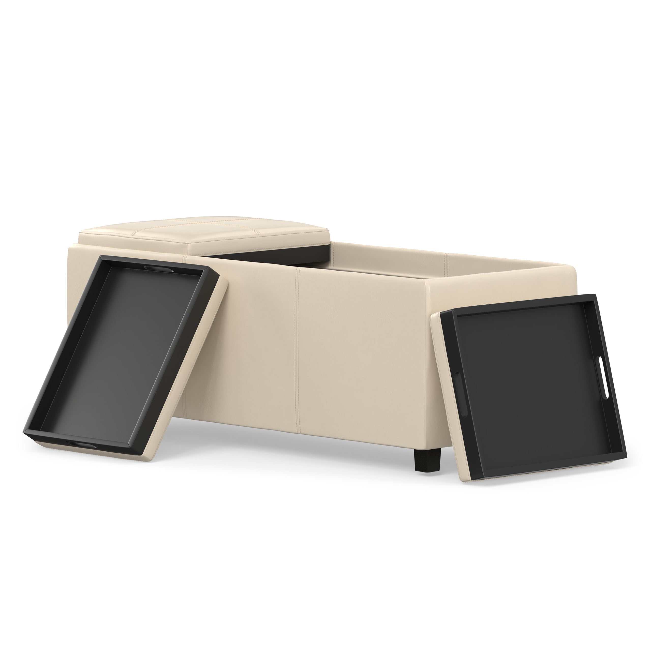 Satin Cream Vegan Leather | Avalon 3 Trays Ottoman in Vegan Leather