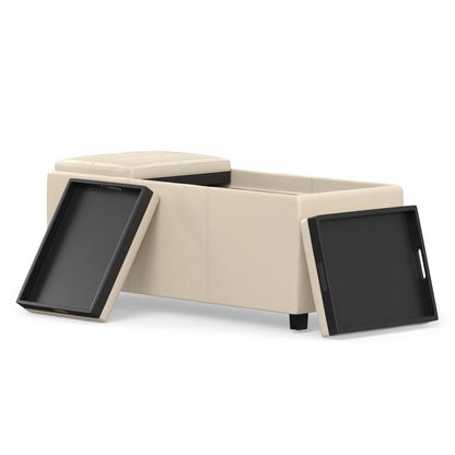 Satin Cream Vegan Leather | Avalon 3 Trays Ottoman in Vegan Leather