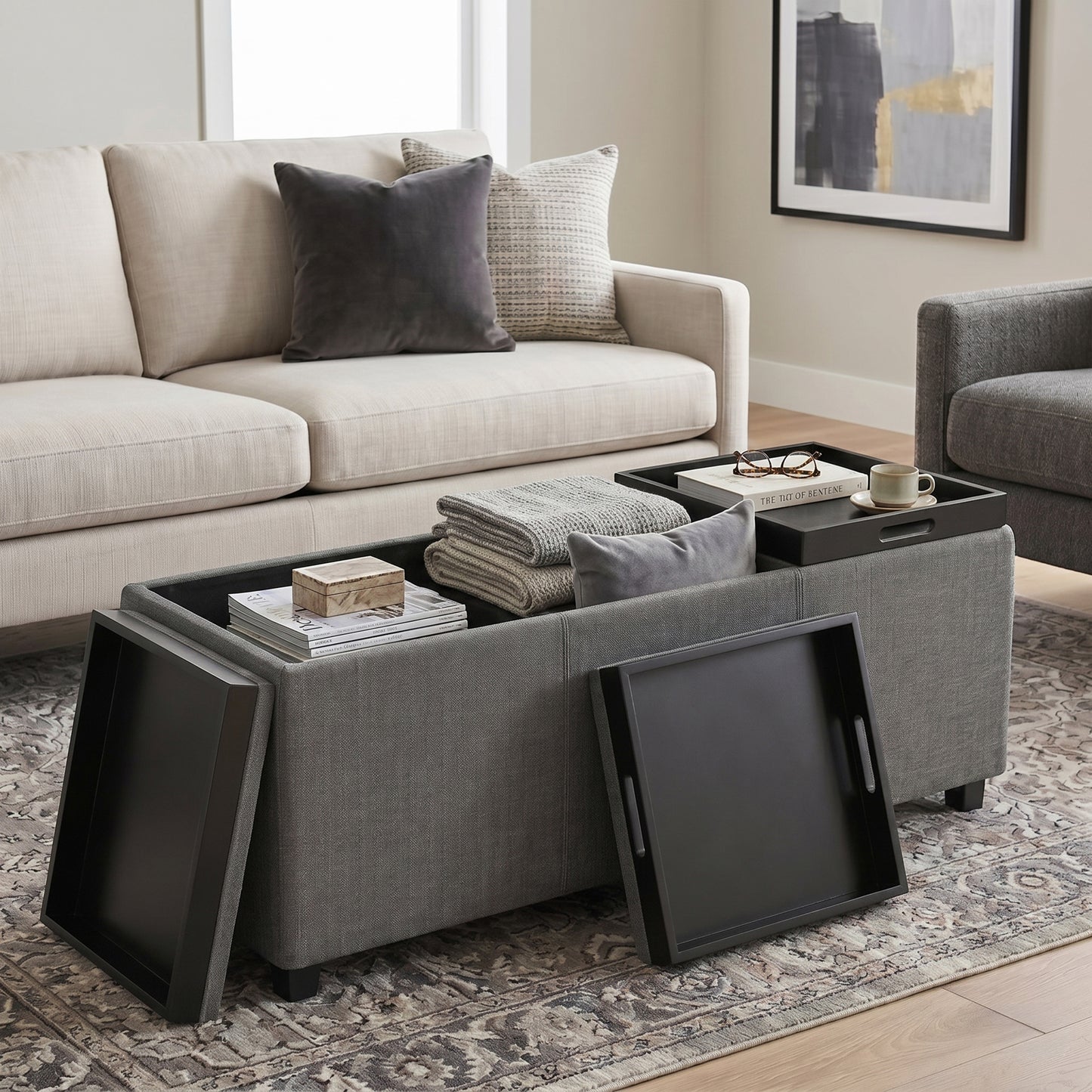 Slate Grey Linen Style Fabric | Avalon 3 Trays Ottoman in Linen