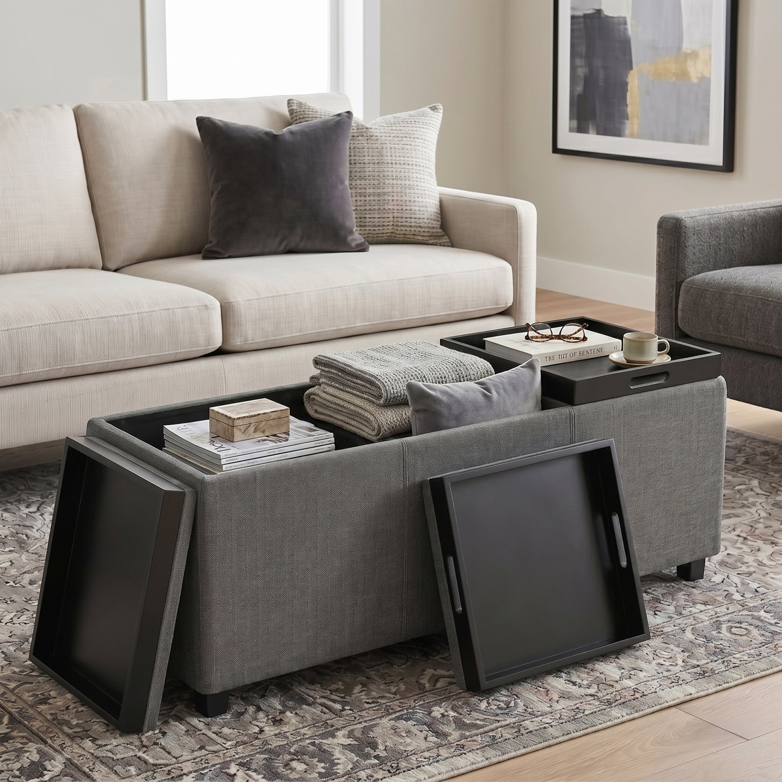 Slate Grey Linen Style Fabric | Avalon 3 Trays Ottoman in Linen