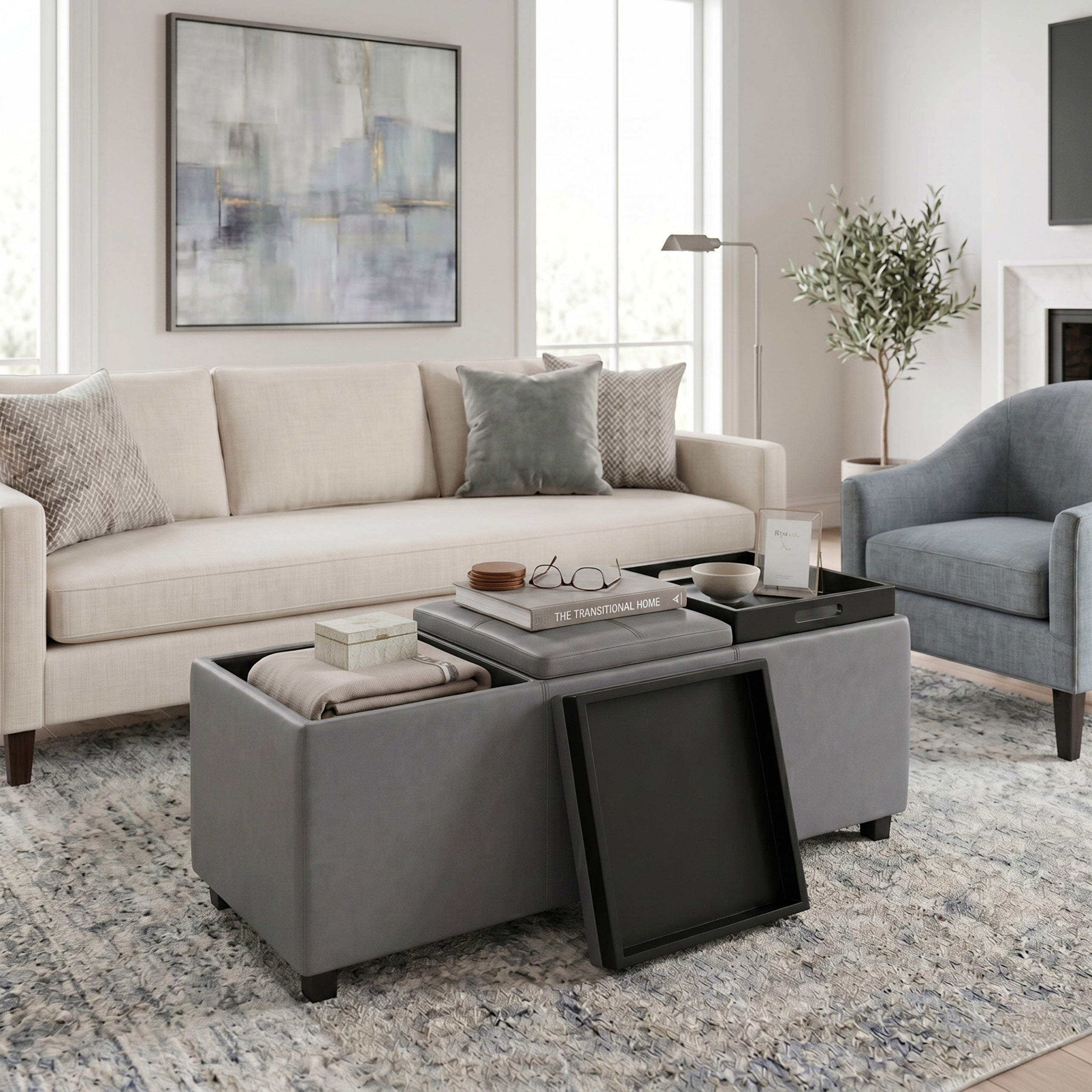 Stone Grey Vegan Leather | Avalon 3 Trays Ottoman in Vegan Leather