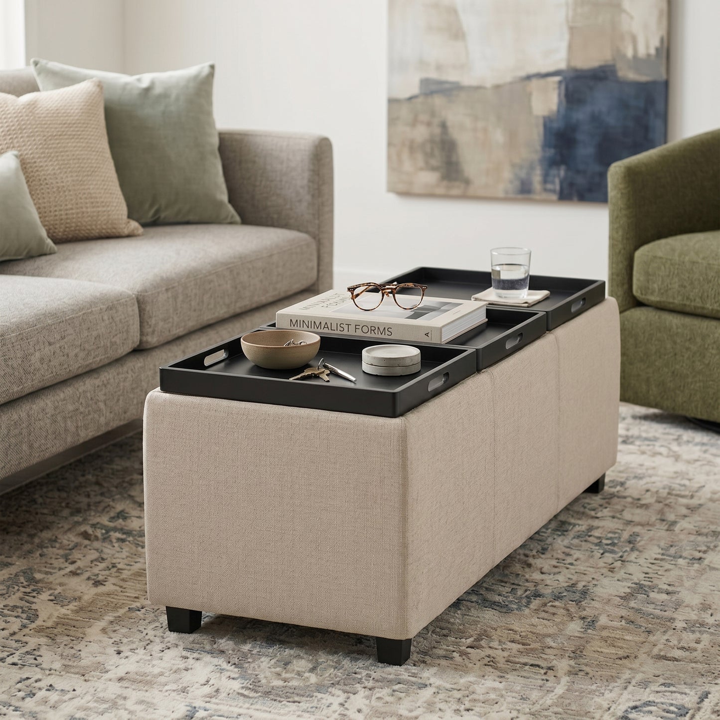 Natural Linen Style Fabric | Avalon 3 Trays Ottoman in Linen