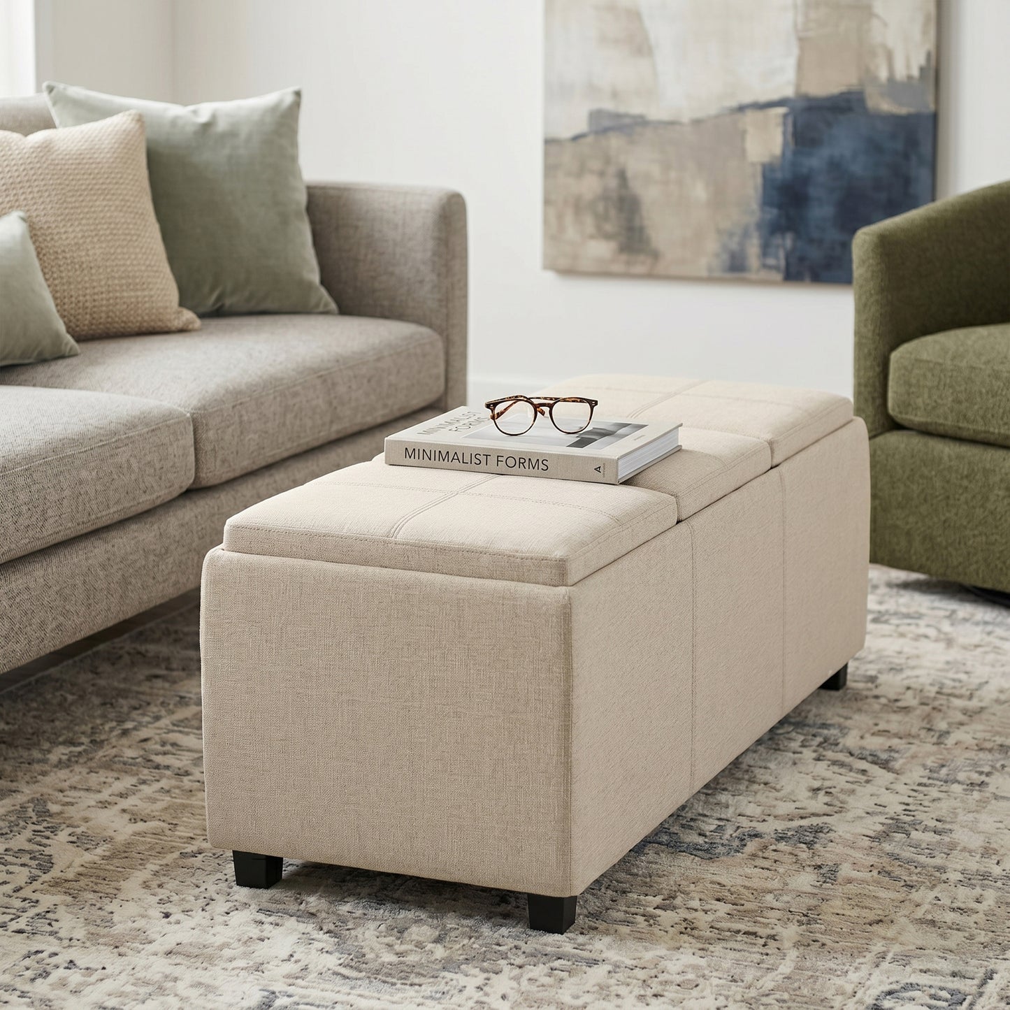 Natural Linen Style Fabric | Avalon 3 Trays Ottoman in Linen